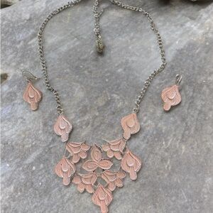 Plunder Rose and silver Filigree Leaf Bib Necklace and Earring Set